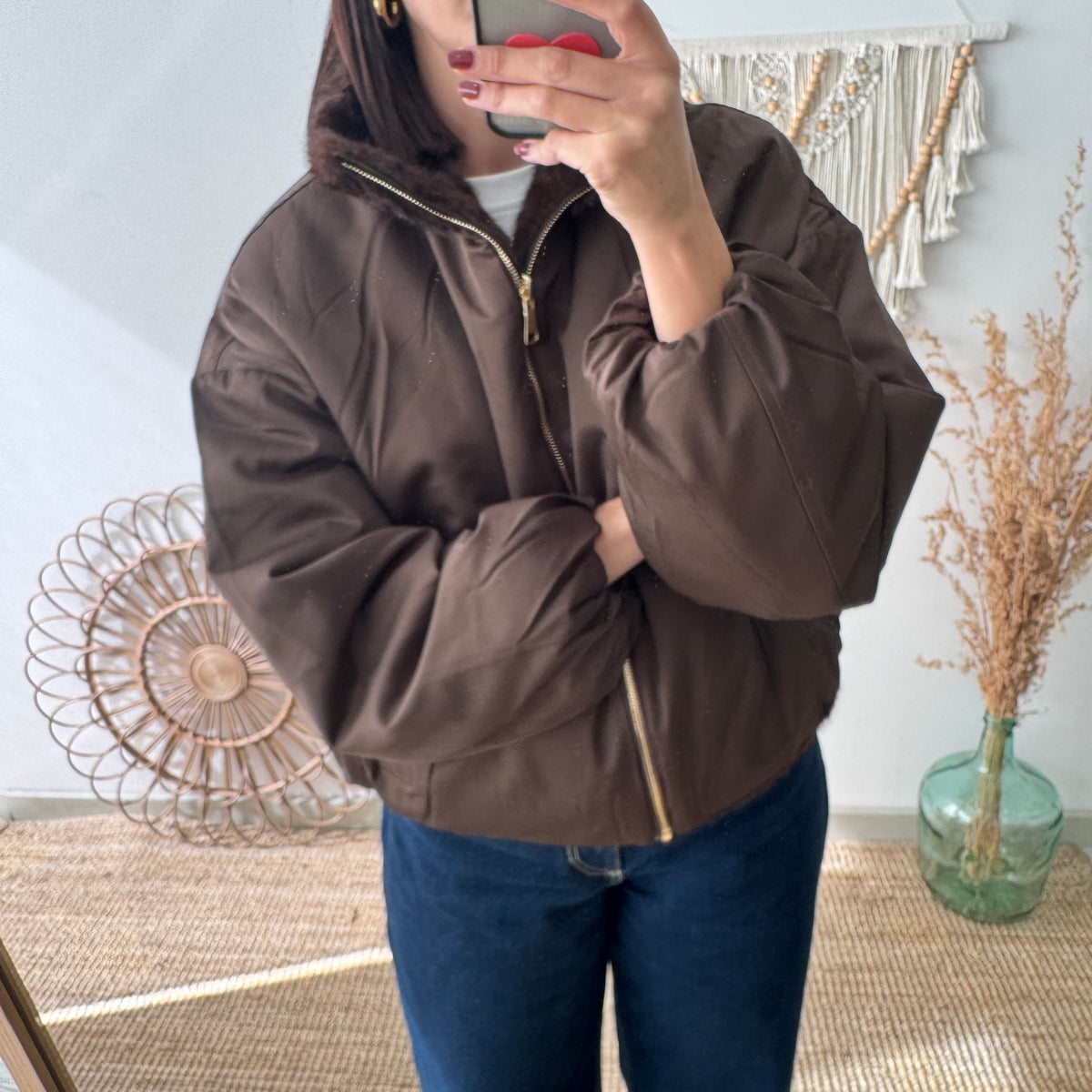 Chaqueta reversible marrón efecto pelo