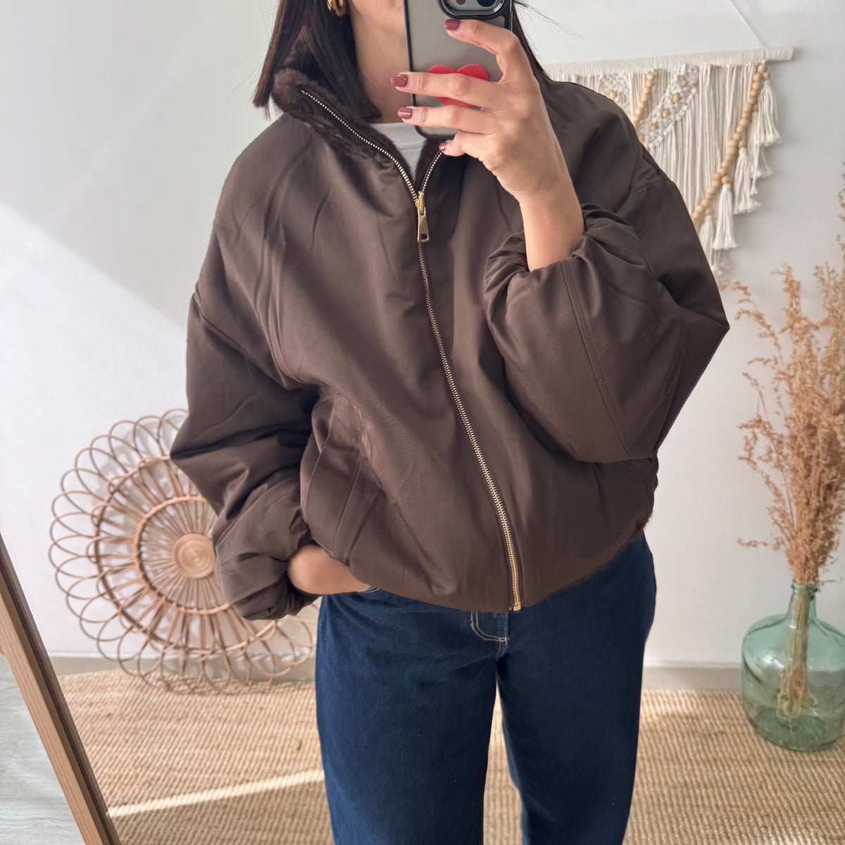 Chaqueta reversible marrón efecto pelo