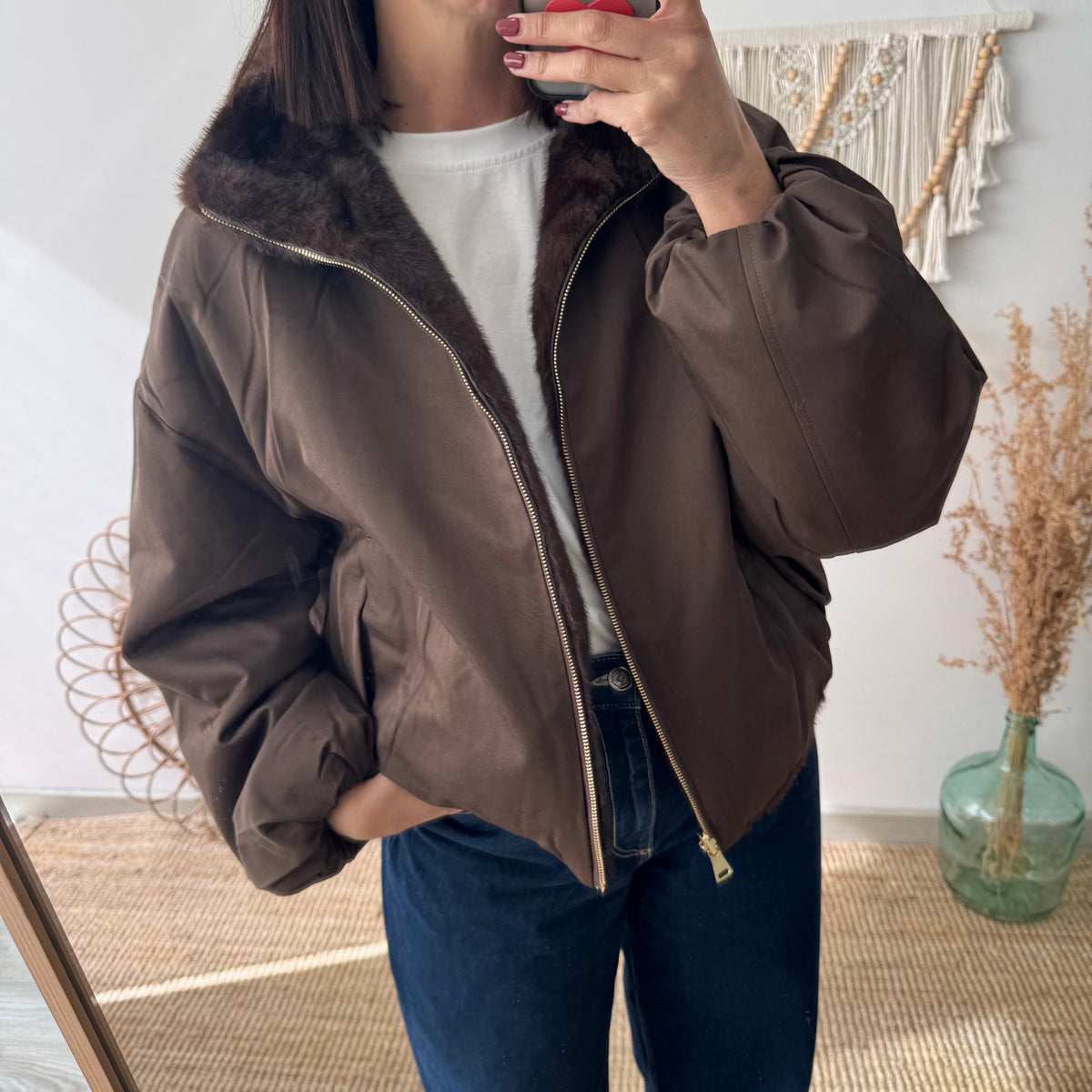 Chaqueta reversible marrón efecto pelo
