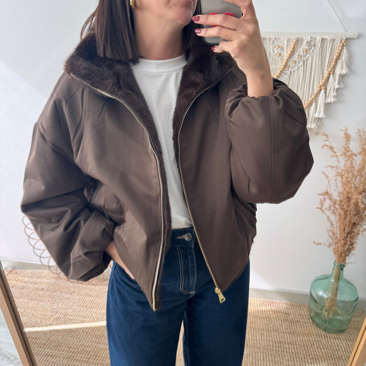 Chaqueta reversible marrón efecto pelo