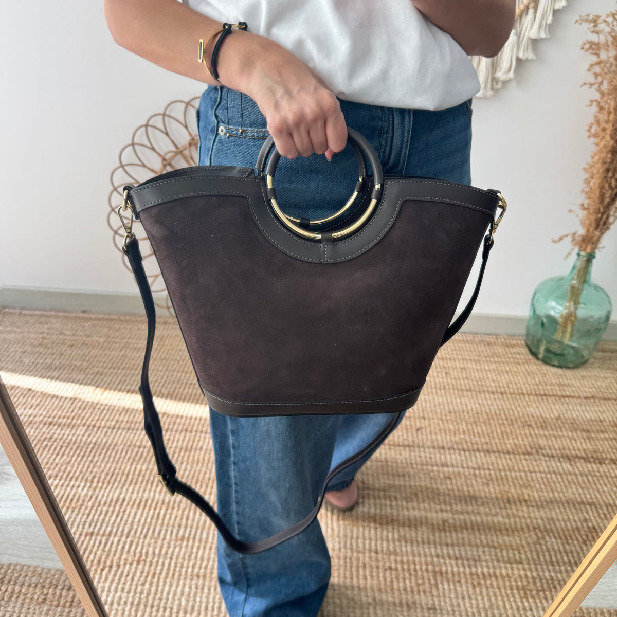 Bolso Cubo en piel y serraje marrón