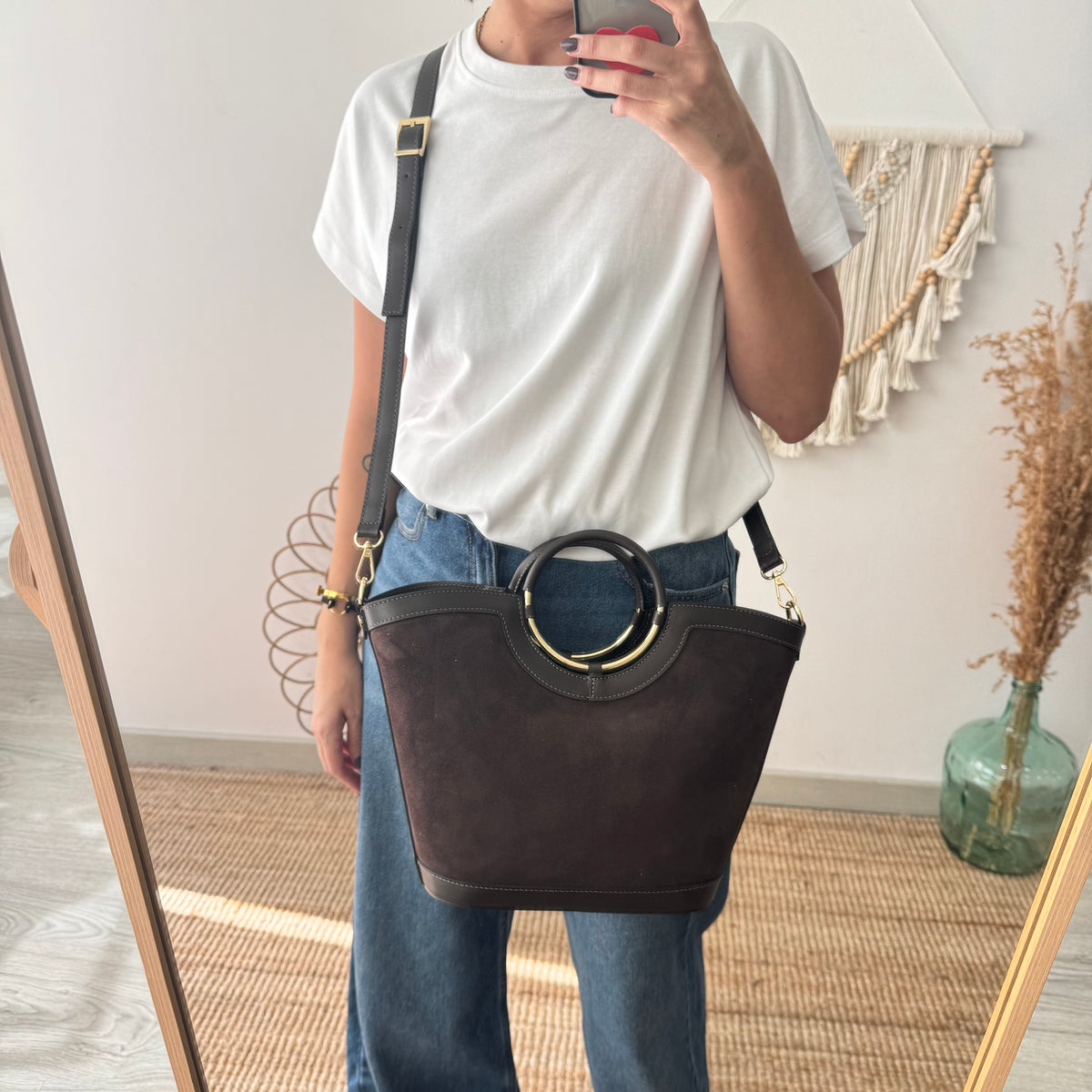 Bolso Cubo en piel y serraje marrón