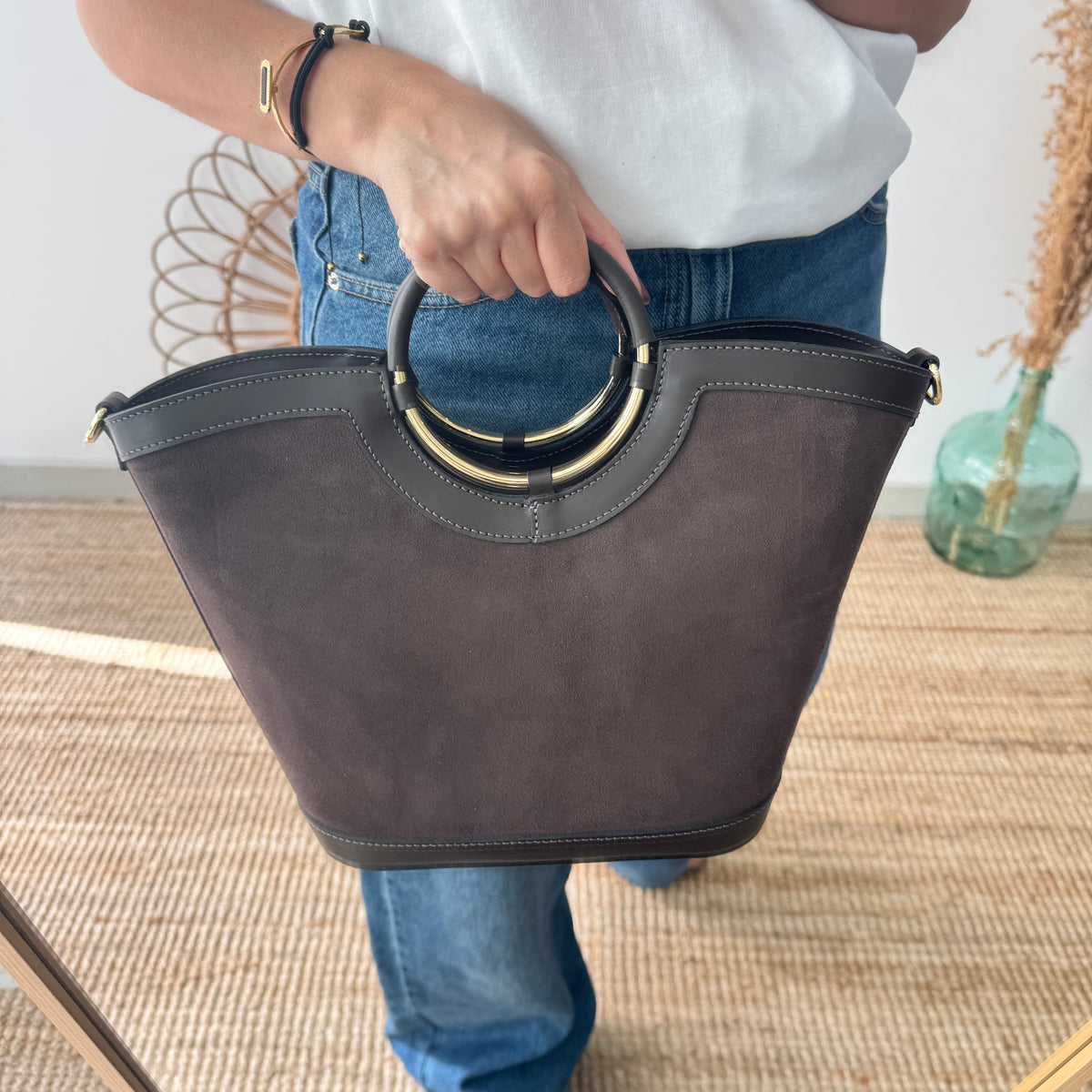 Bolso Cubo en piel y serraje marrón