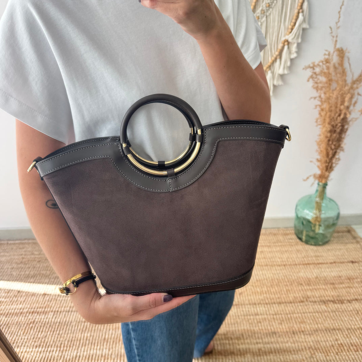 Bolso Cubo en piel y serraje marrón