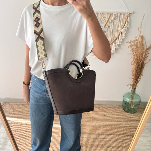 Bolso Cubo en piel y serraje marrón