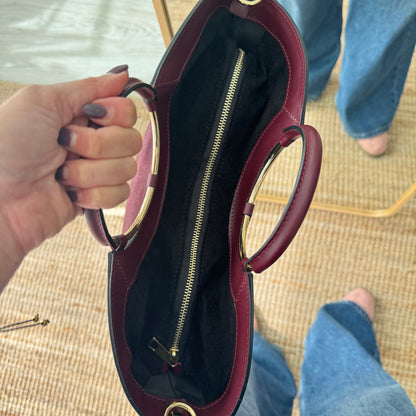 Bolso Cubo en piel y serraje burdeos