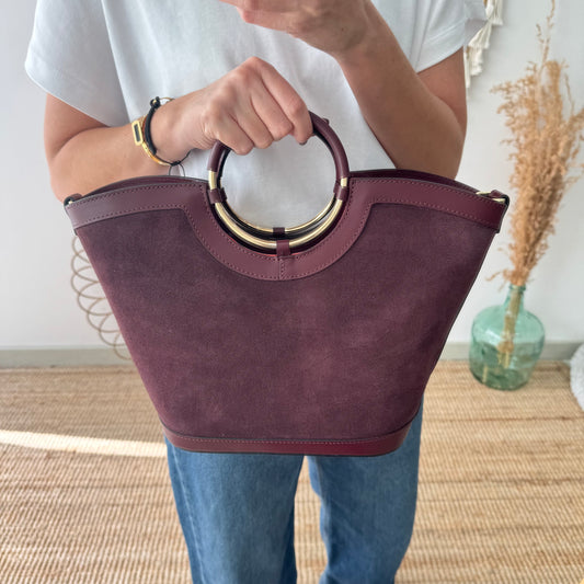 Bolso Cubo en piel y serraje burdeos