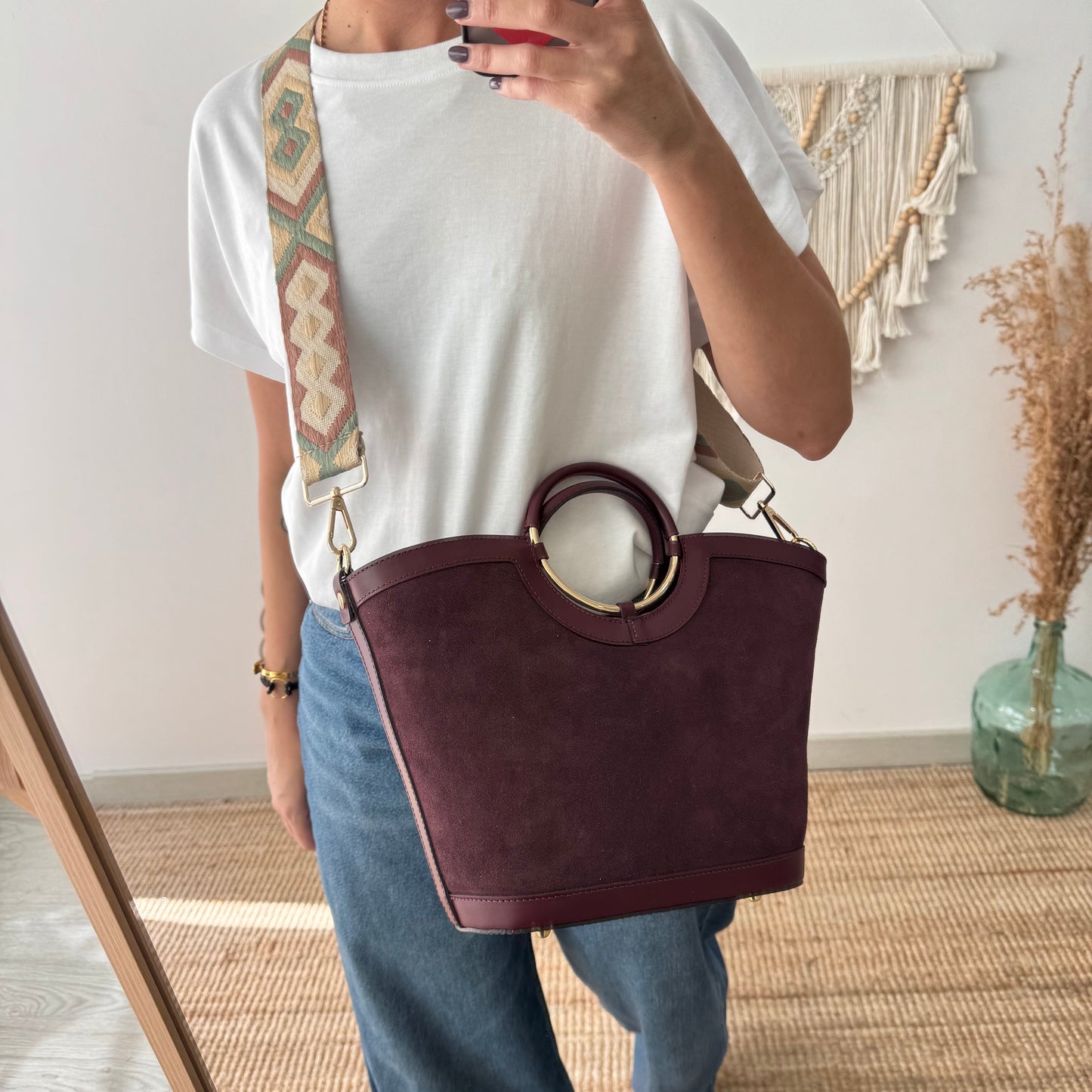 Bolso Cubo en piel y serraje burdeos