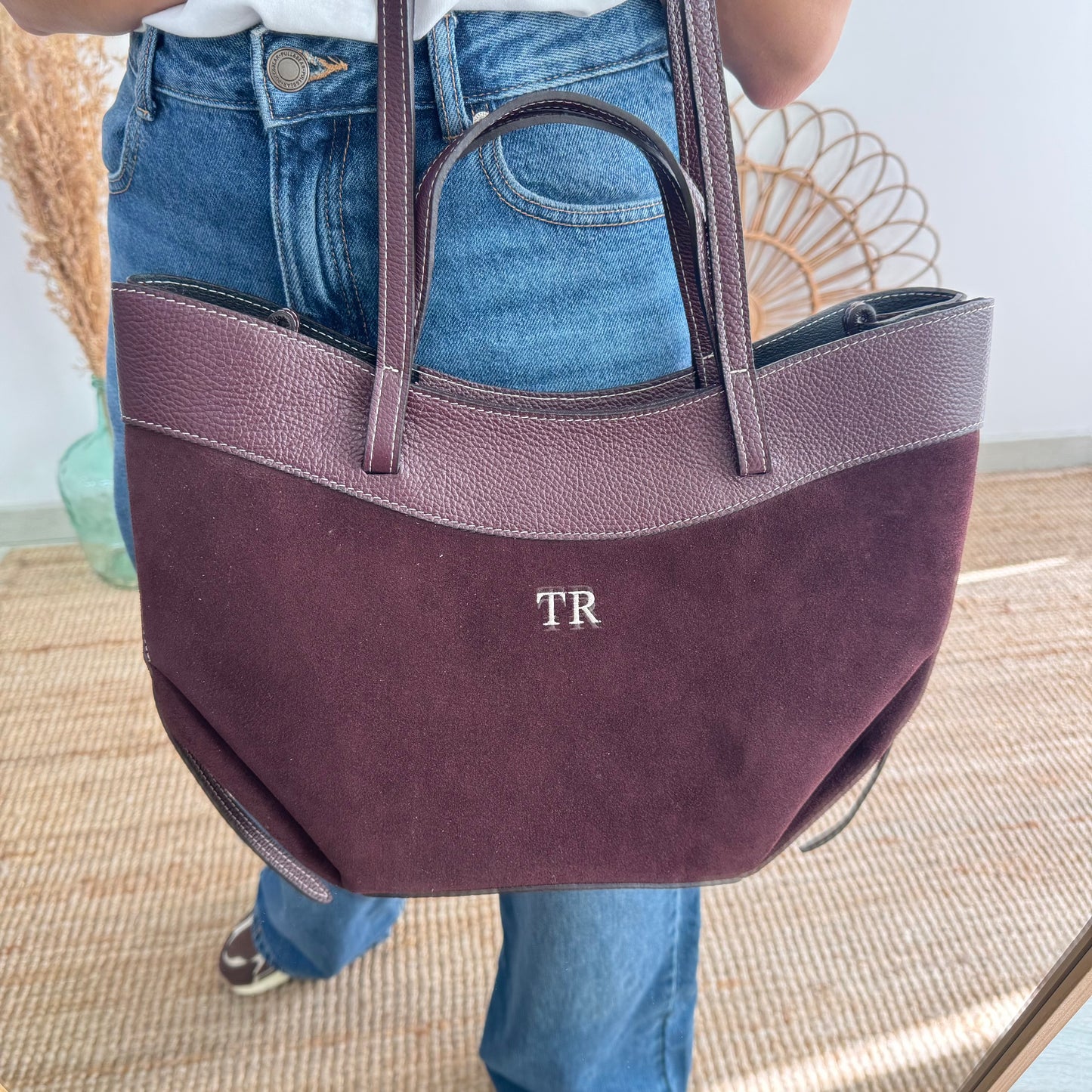 Bolso tote piel y serraje granate