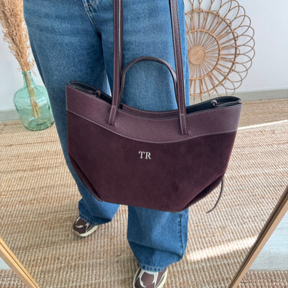 Bolso tote piel y serraje granate