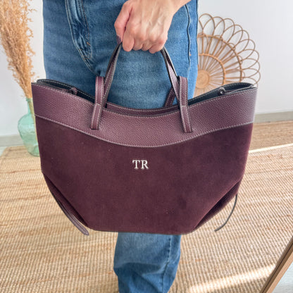 Bolso tote piel y serraje granate