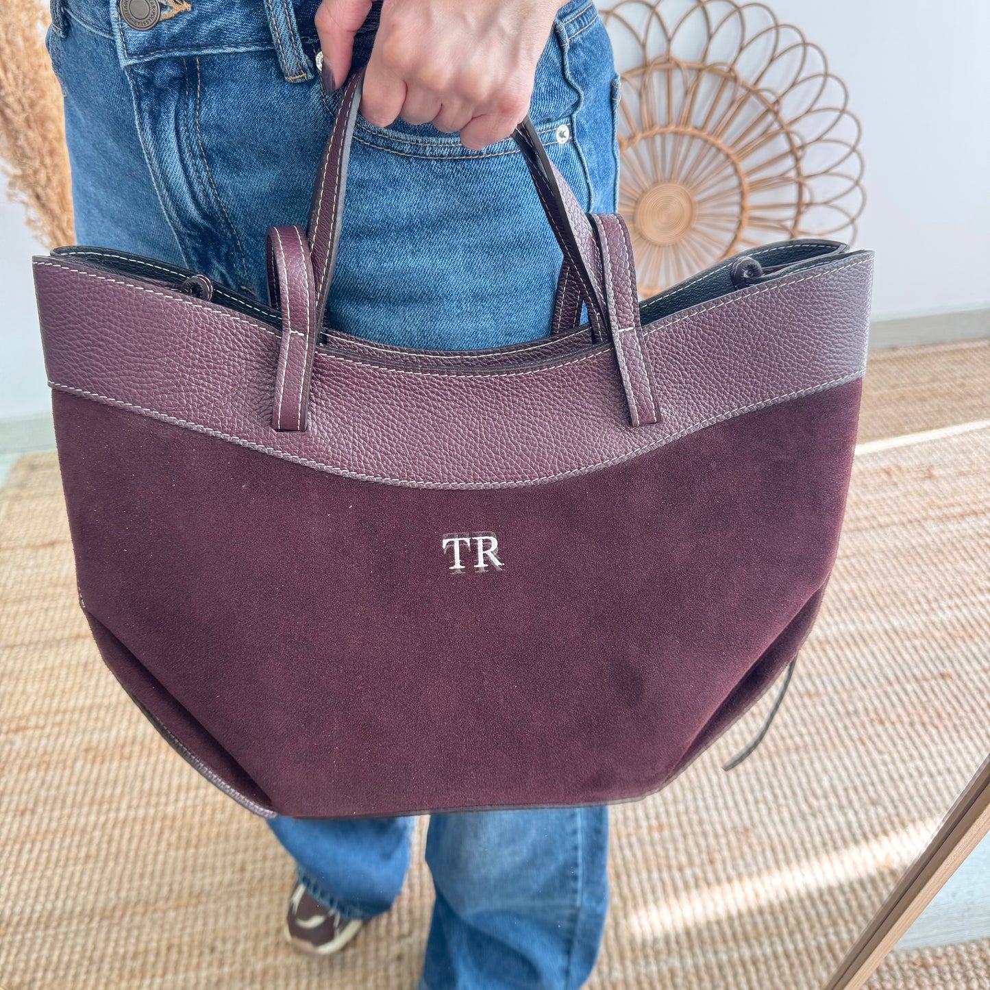 Bolso tote piel y serraje granate