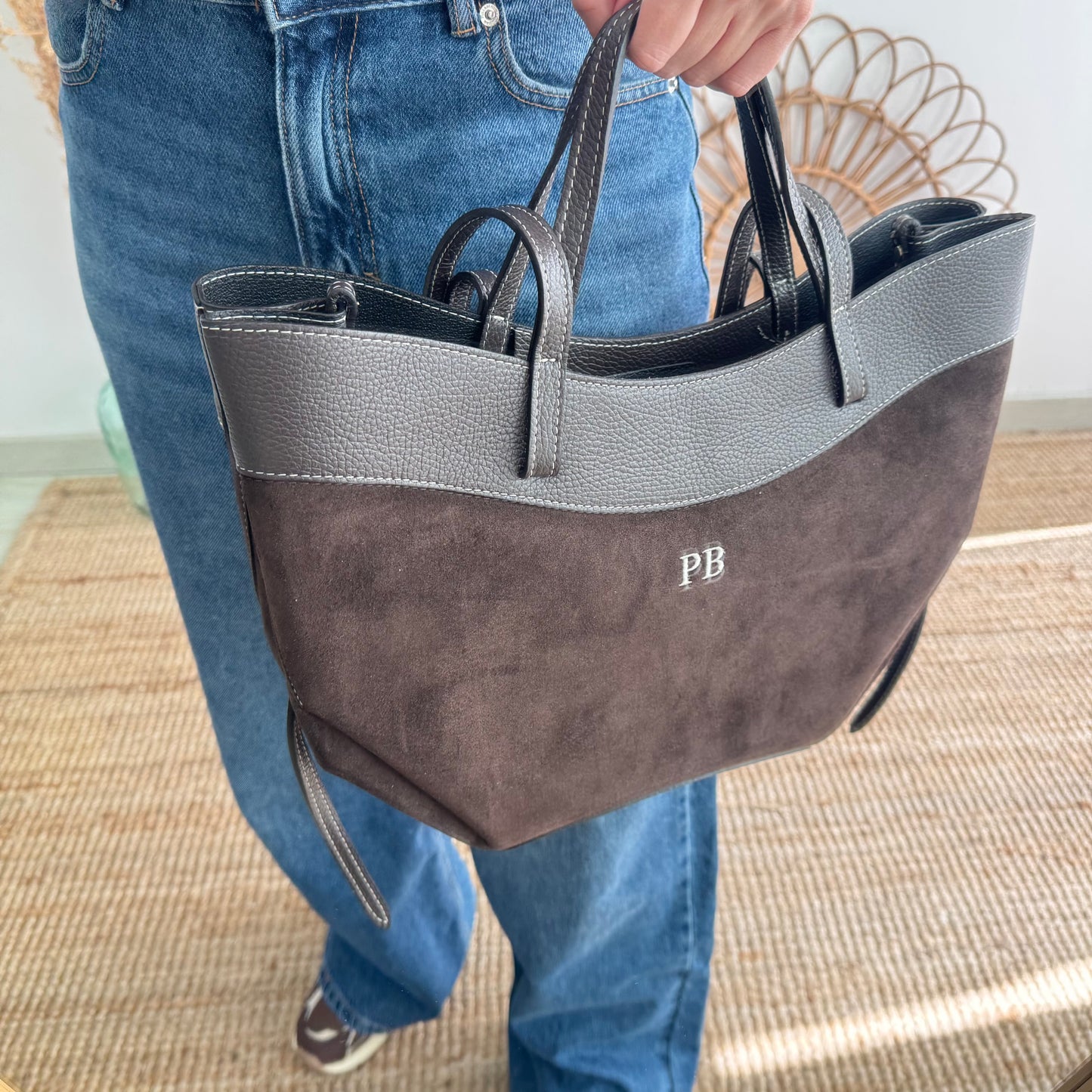 Bolso tote piel y serraje marrón