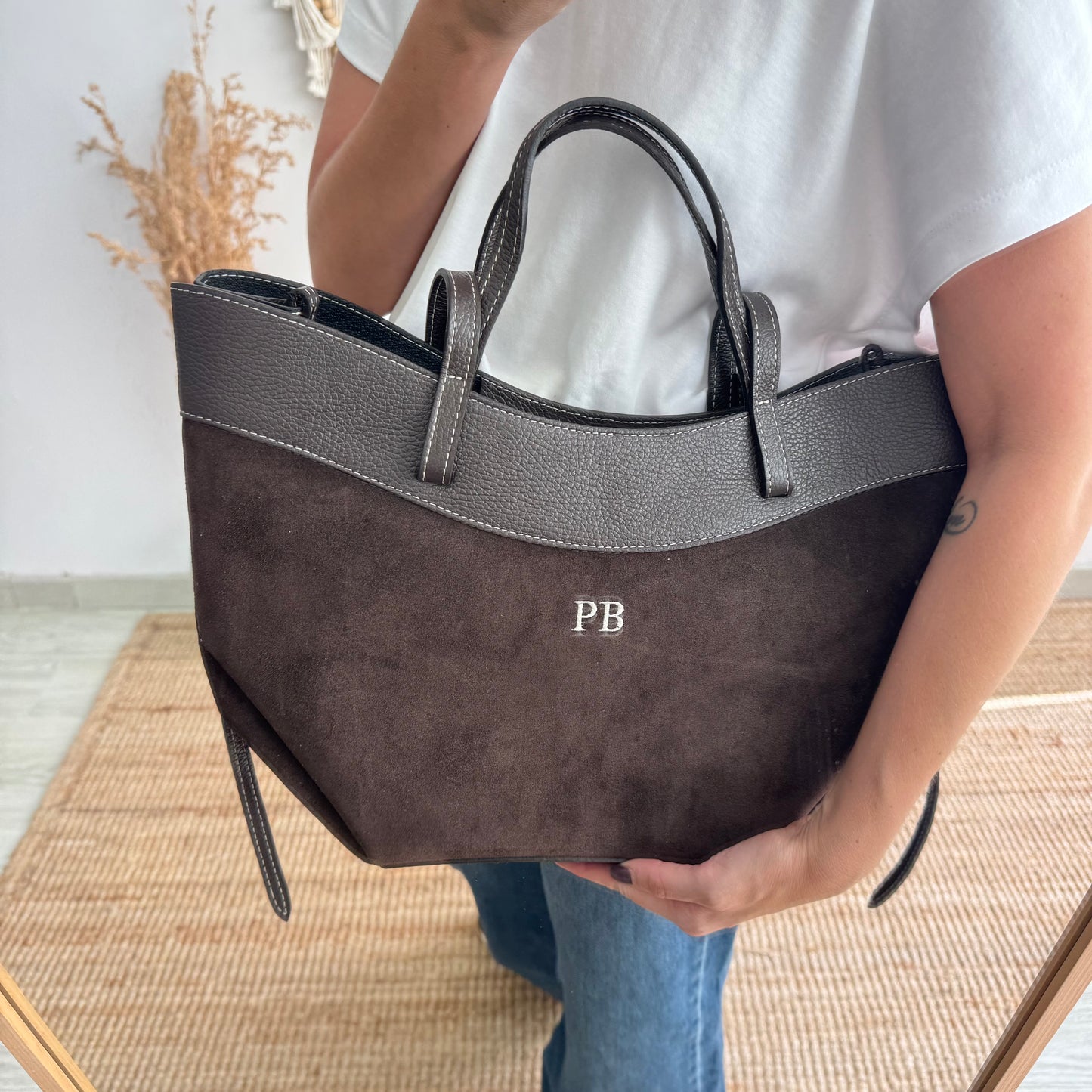 Bolso tote piel y serraje marrón