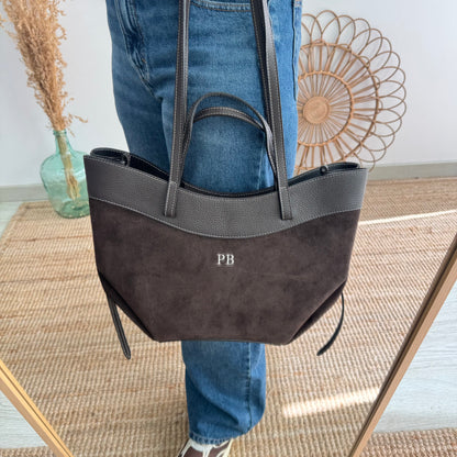 Bolso tote piel y serraje marrón