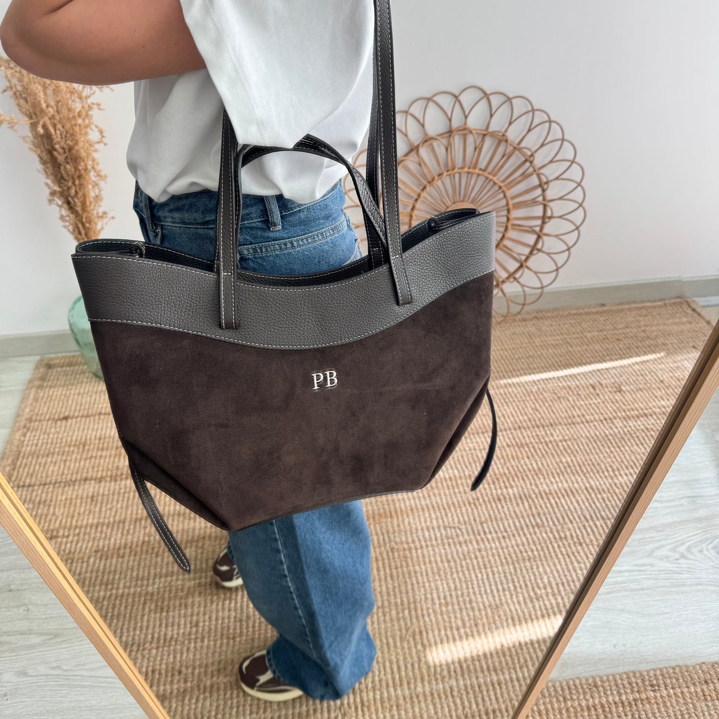 Bolso tote piel y serraje marrón