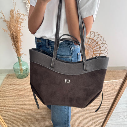 Bolso tote piel y serraje marrón
