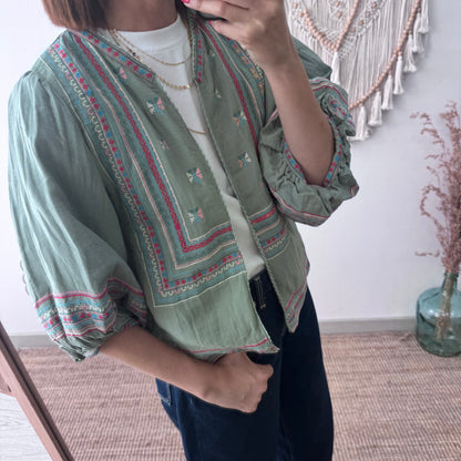Chaqueta kimono corta caqui con bordados