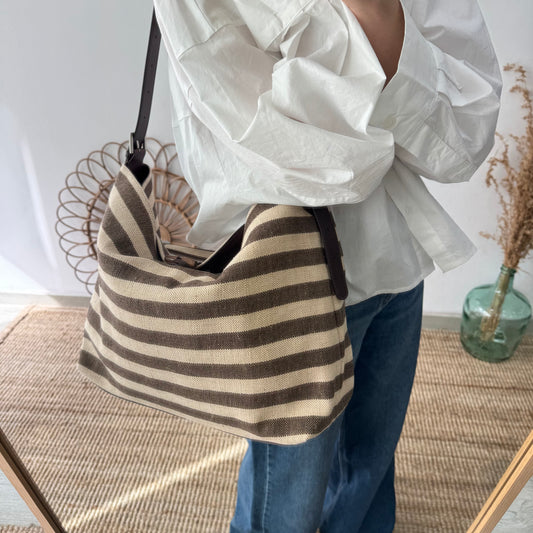 Bolso hobo rayas chocolate y beige