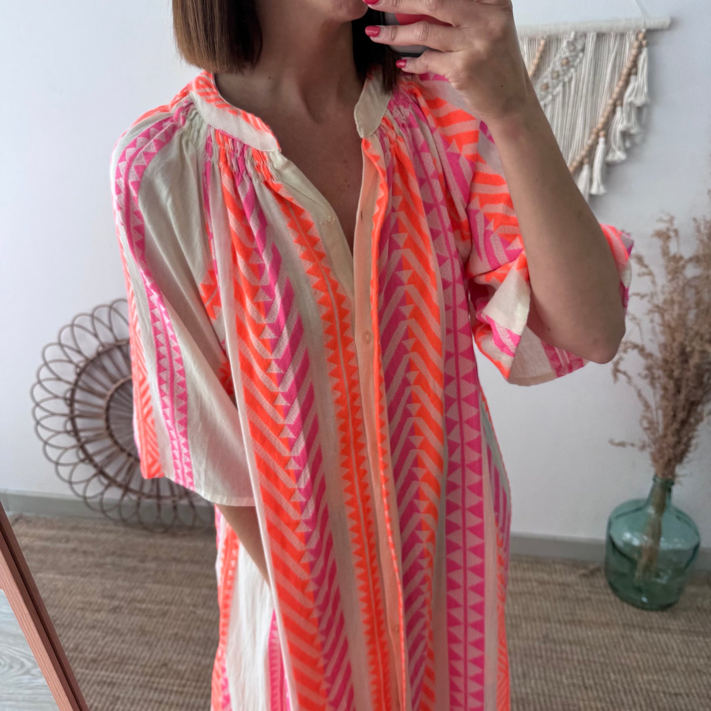 Vestido camisero estilo étnico naranja