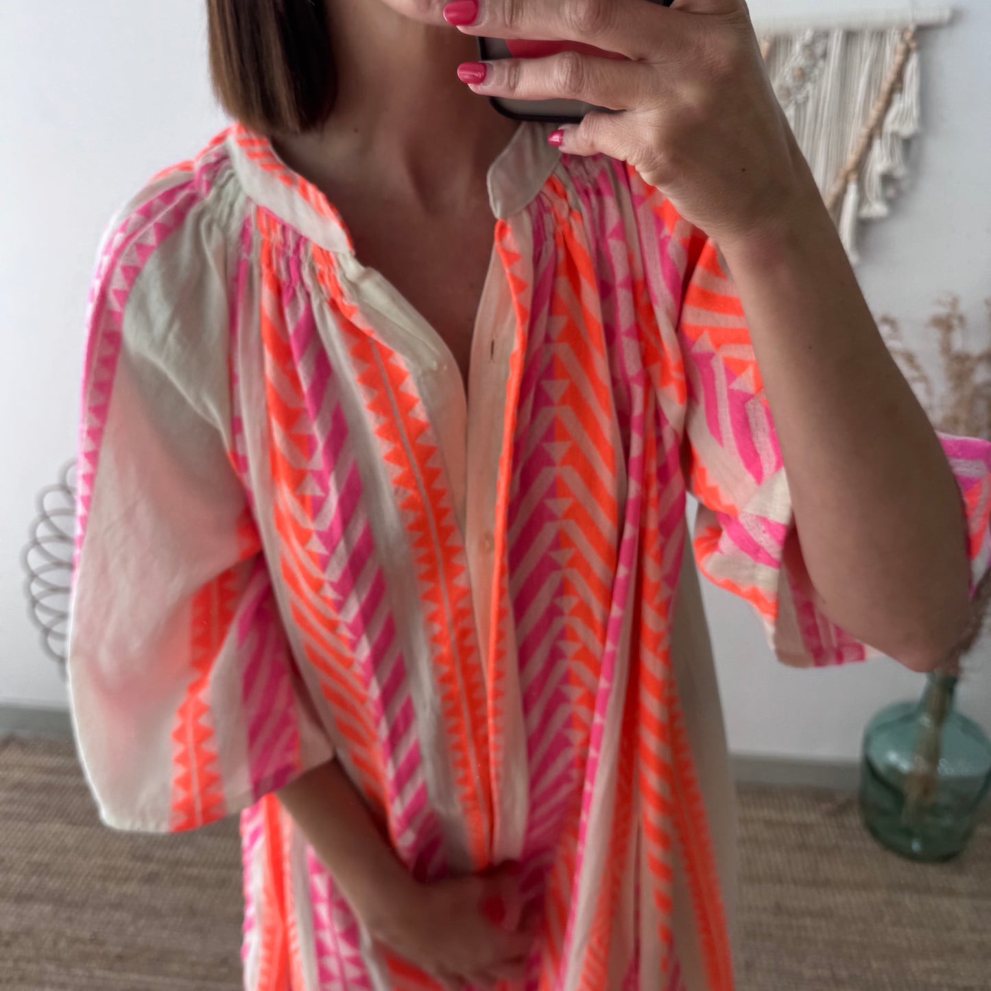 Vestido camisero estilo étnico naranja