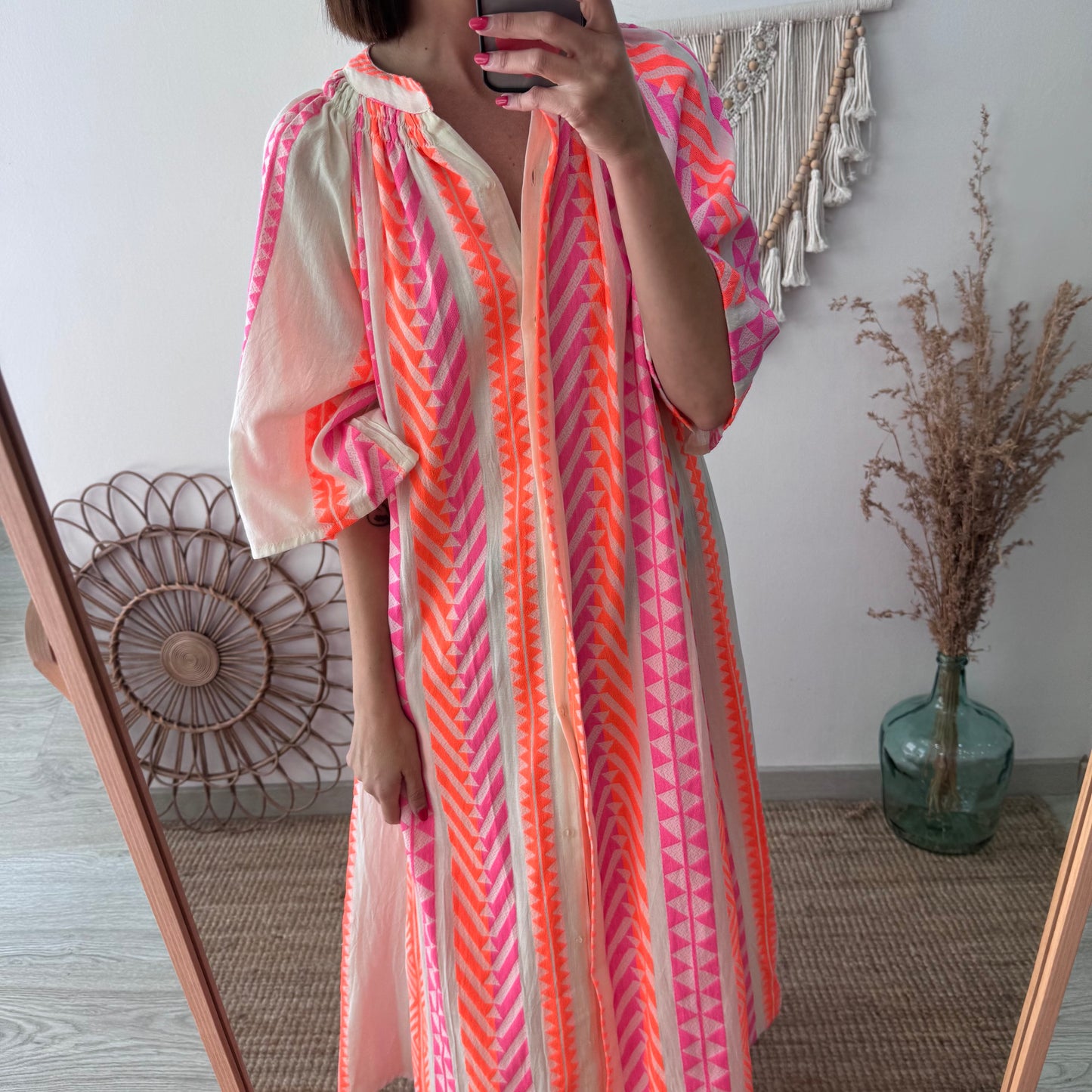 Vestido camisero estilo étnico naranja