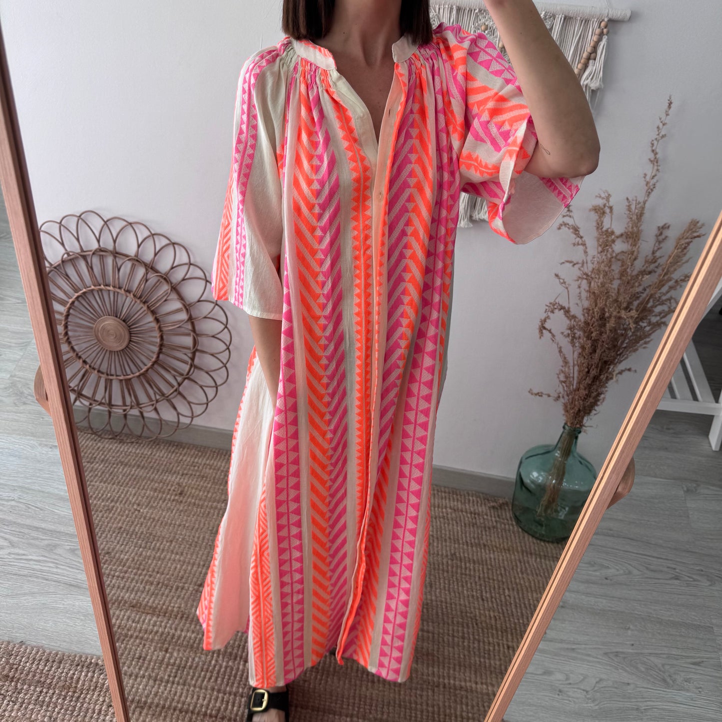 Vestido camisero estilo étnico naranja