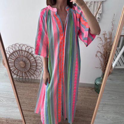Vestido camisero estilo étnico fucsia
