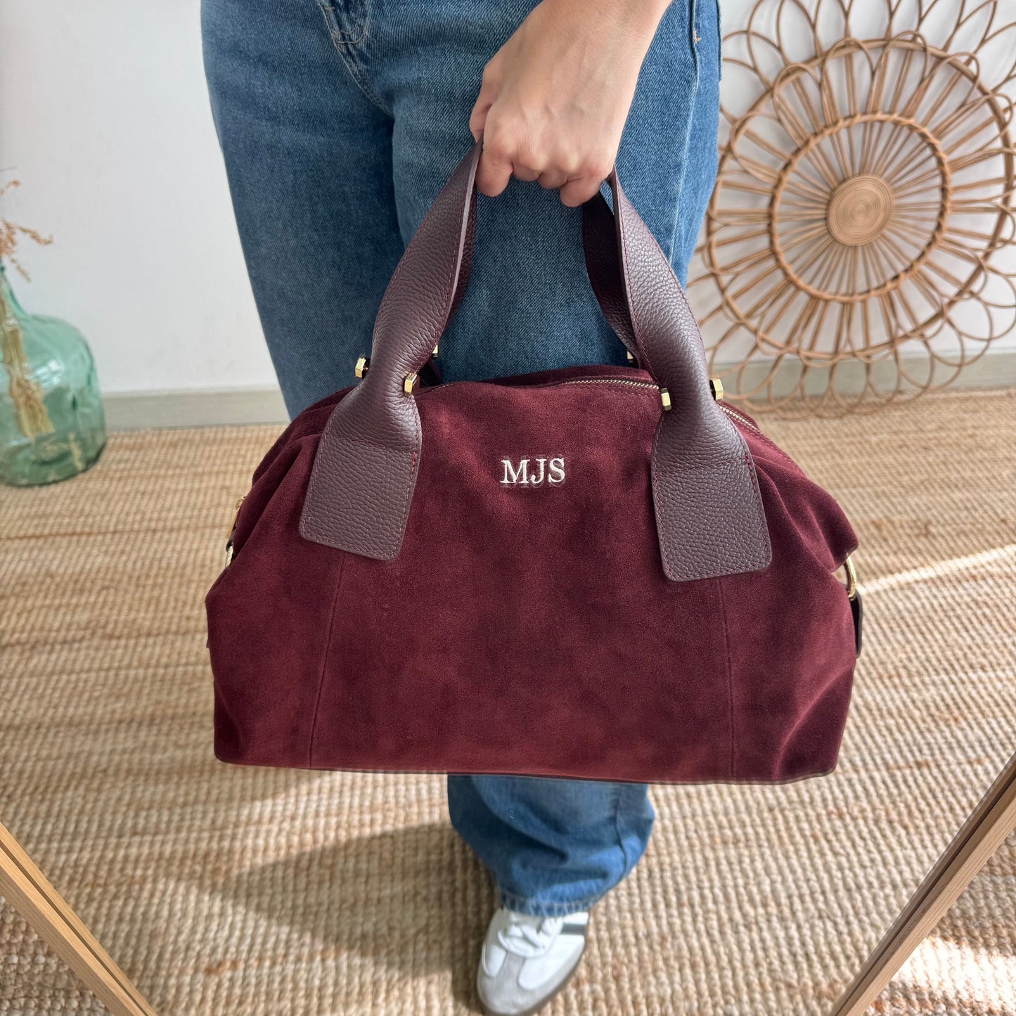 Bolso Bowling de Serraje y Piel granate