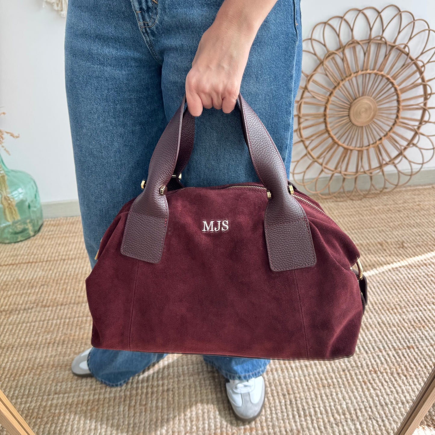 Bolso Bowling de Serraje y Piel granate