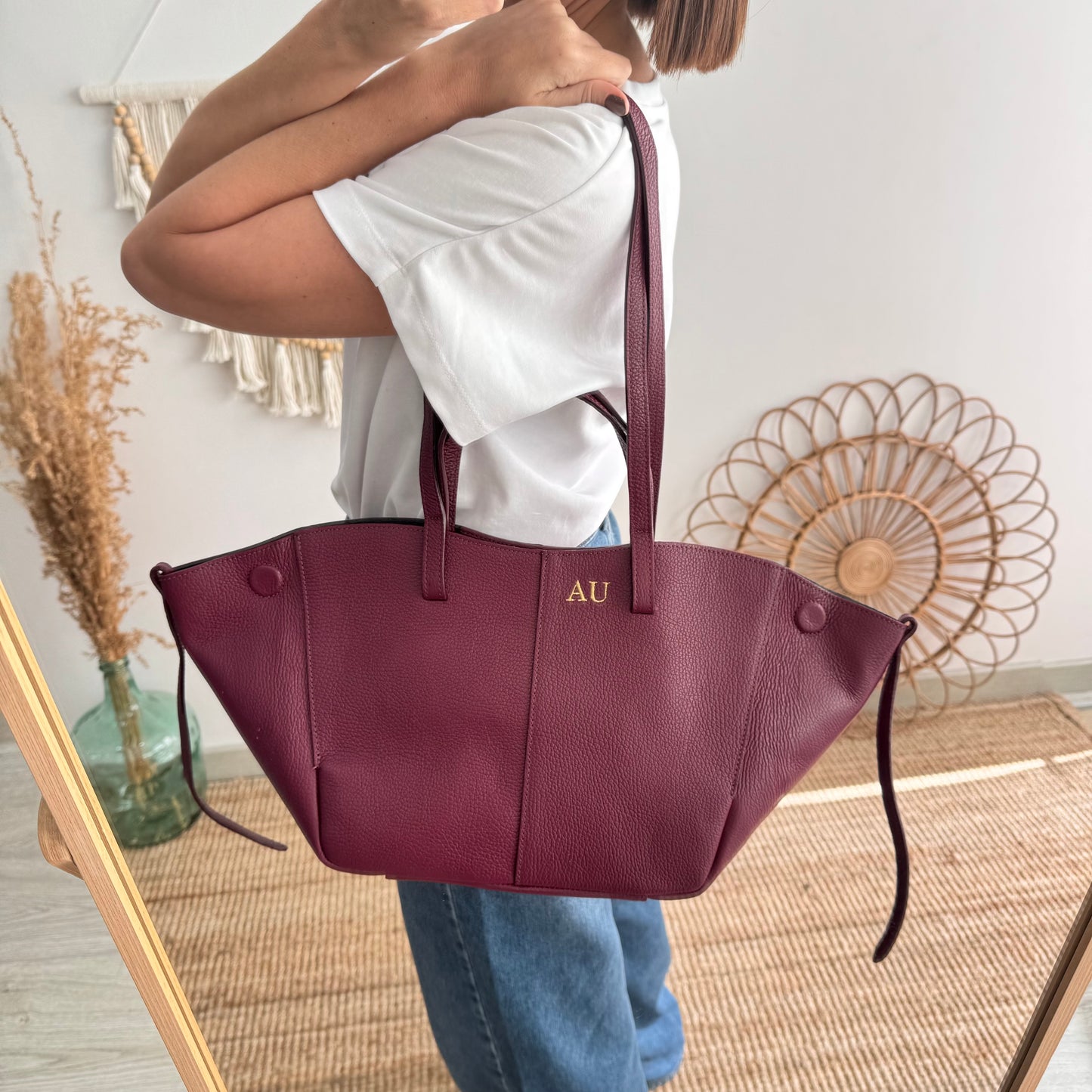 Bolso tote granate piel