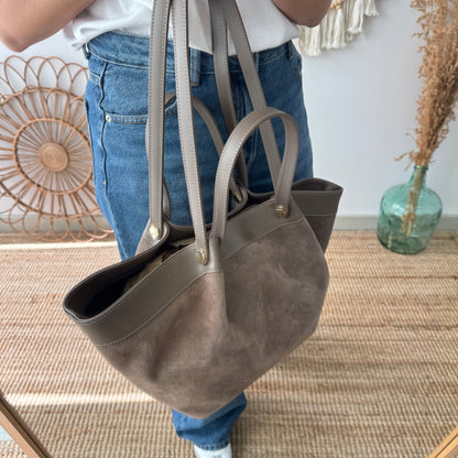 Shopper en piel y serraje taupe