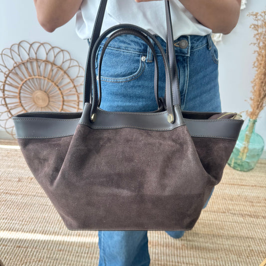 Shopper en piel y serraje marrón