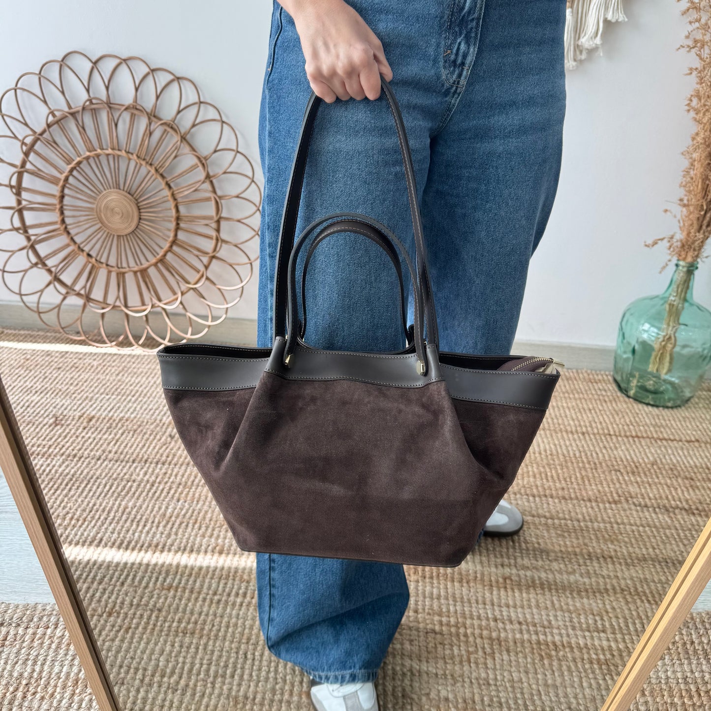 Shopper en piel y serraje marrón