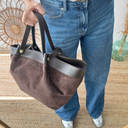 Shopper en piel y serraje marrón