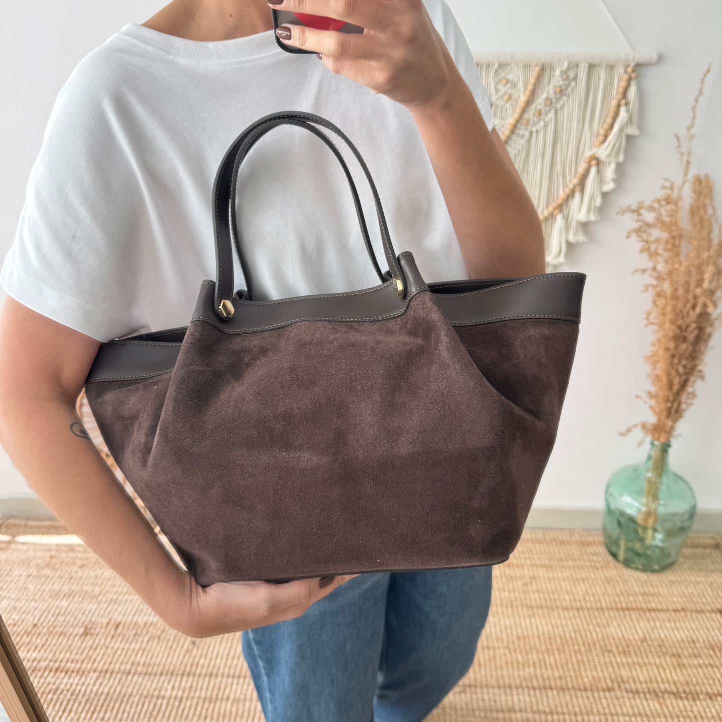 Shopper en piel y serraje marrón