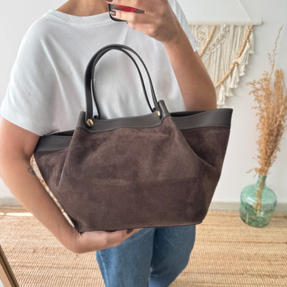 Shopper en piel y serraje marrón