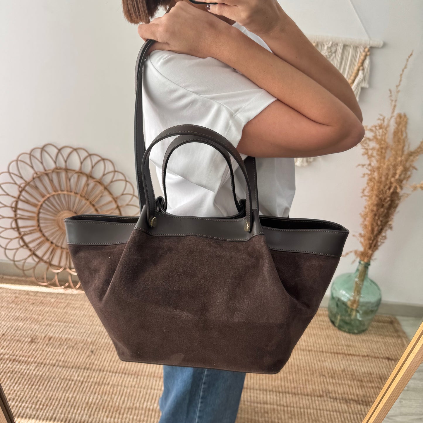 Shopper en piel y serraje marrón