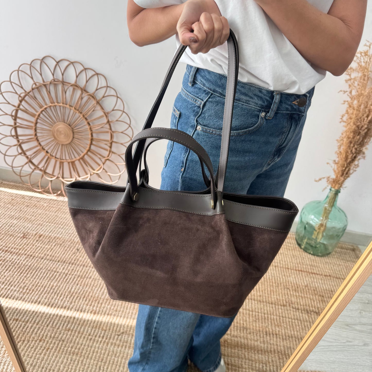 Shopper en piel y serraje marrón