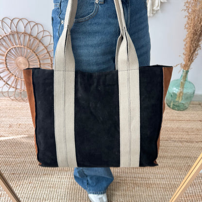 Bolso tote serraje y lona negro