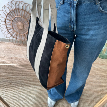 Bolso tote serraje y lona negro