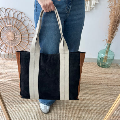 Bolso tote serraje y lona negro