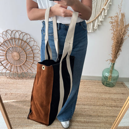 Bolso tote serraje y lona negro