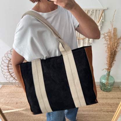 Bolso tote serraje y lona negro