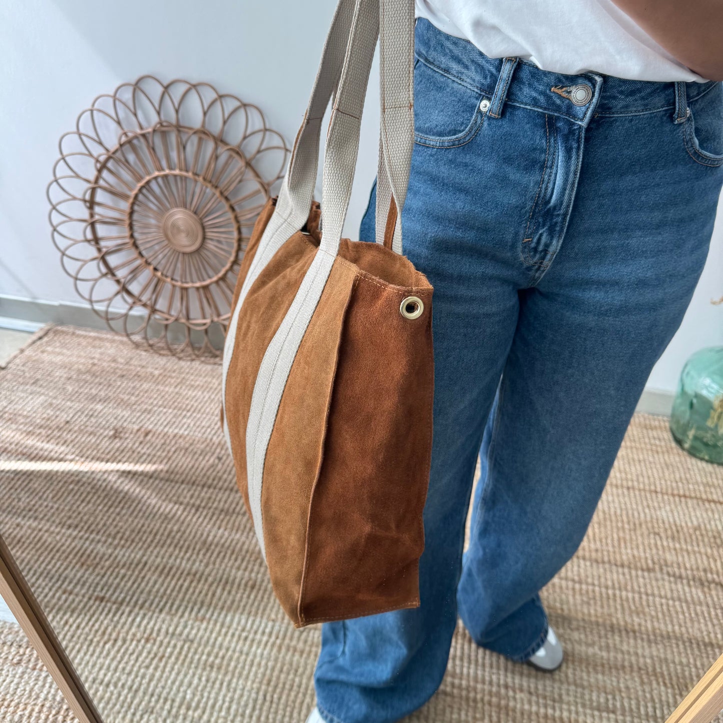 Bolso tote serraje y lona camel