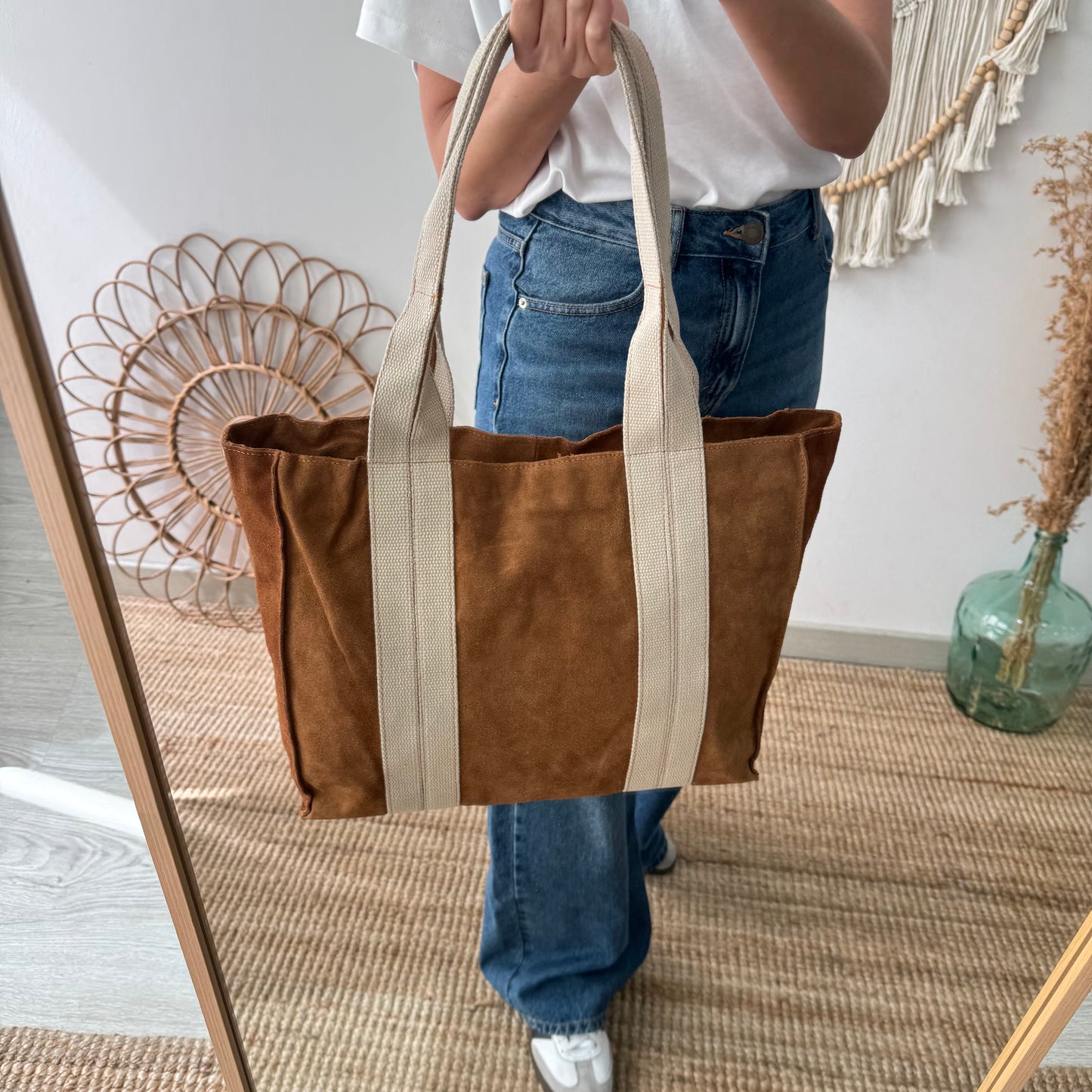 Bolso tote serraje y lona camel