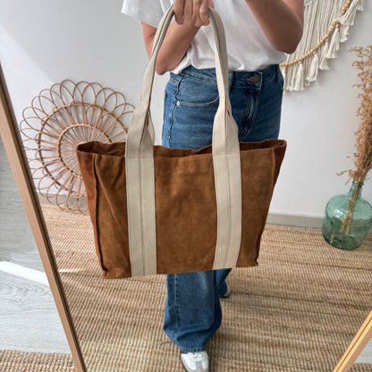 Bolso tote serraje y lona camel