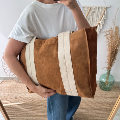 Bolso tote serraje y lona camel