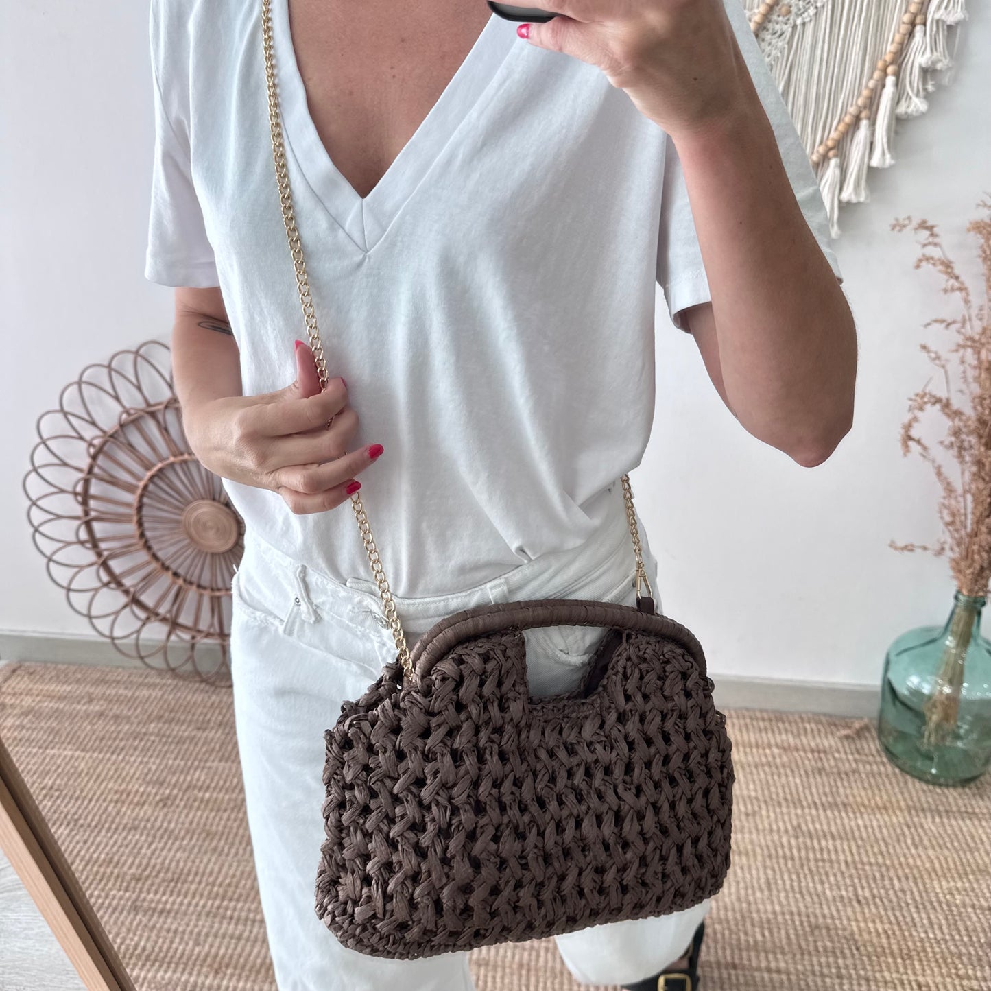 Bolso asa integrada trenzado marrón