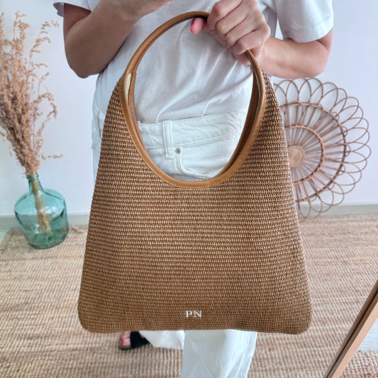Bolso hobo combinado piel y rafia marrón claro